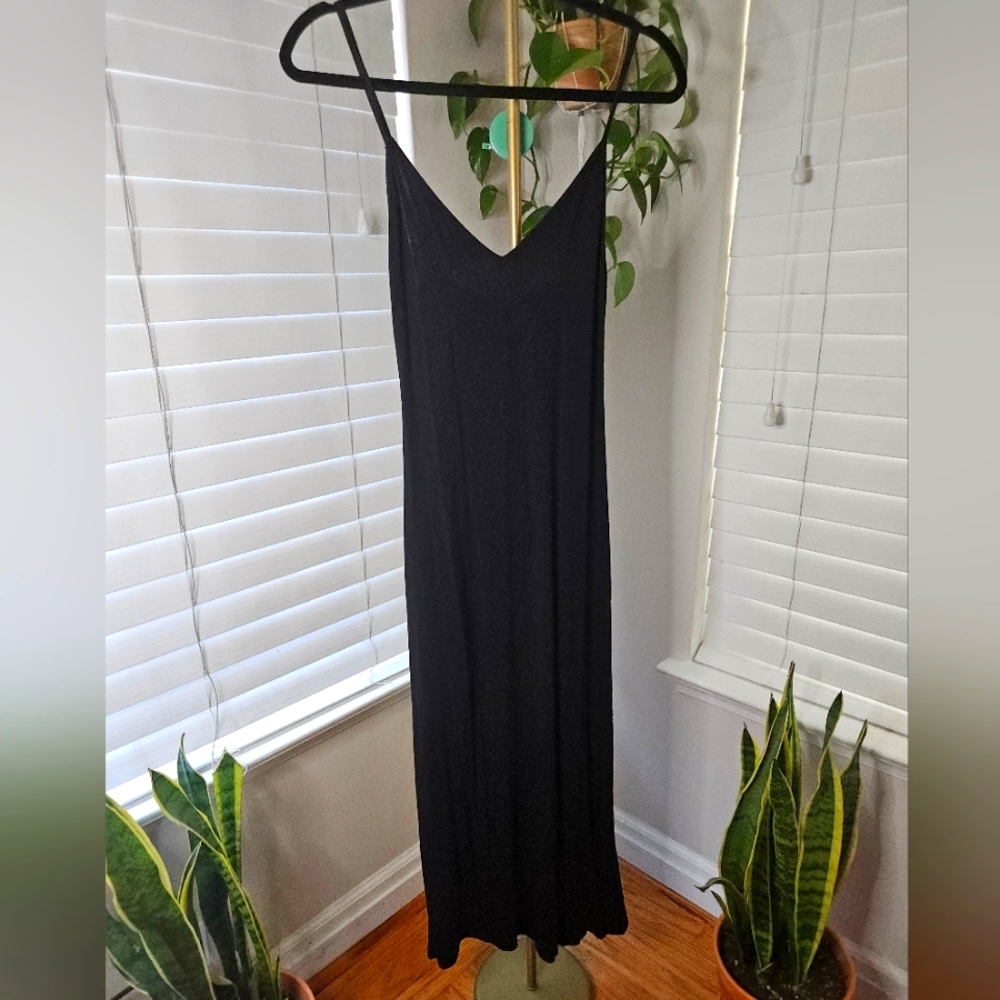 Brandy Melville Black Slip Midi Dress With Spaghetti Straps